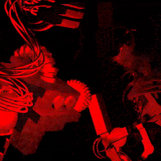 gif of han tyumi from the robot stop music video on black with him highlighted in intimidating red, his large round eyes glowing. the view circles around him as he grabs a big fig wasp and electrocutes it