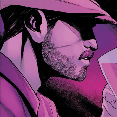 image: cropped panel of jake lockley in fuschia lighting holding a glass to his lips