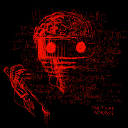 han tyumi. his digital self portrait. he's a cyborg with a rectangle for a face and smaller rectangles for a mouth piece. he has two large circular red eyes and an exposed brain sits on top of his head. he's holding up a scalpel dripping red