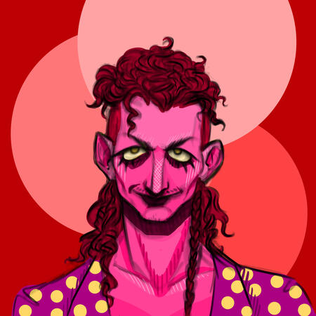 drawing of caspian. they have a curly red mullet with shaved sides and long waves in the back with a small braid sitting over their shoulder. they have a thin mustache and masculine features. the art is by their boyfriend and the image links to his account